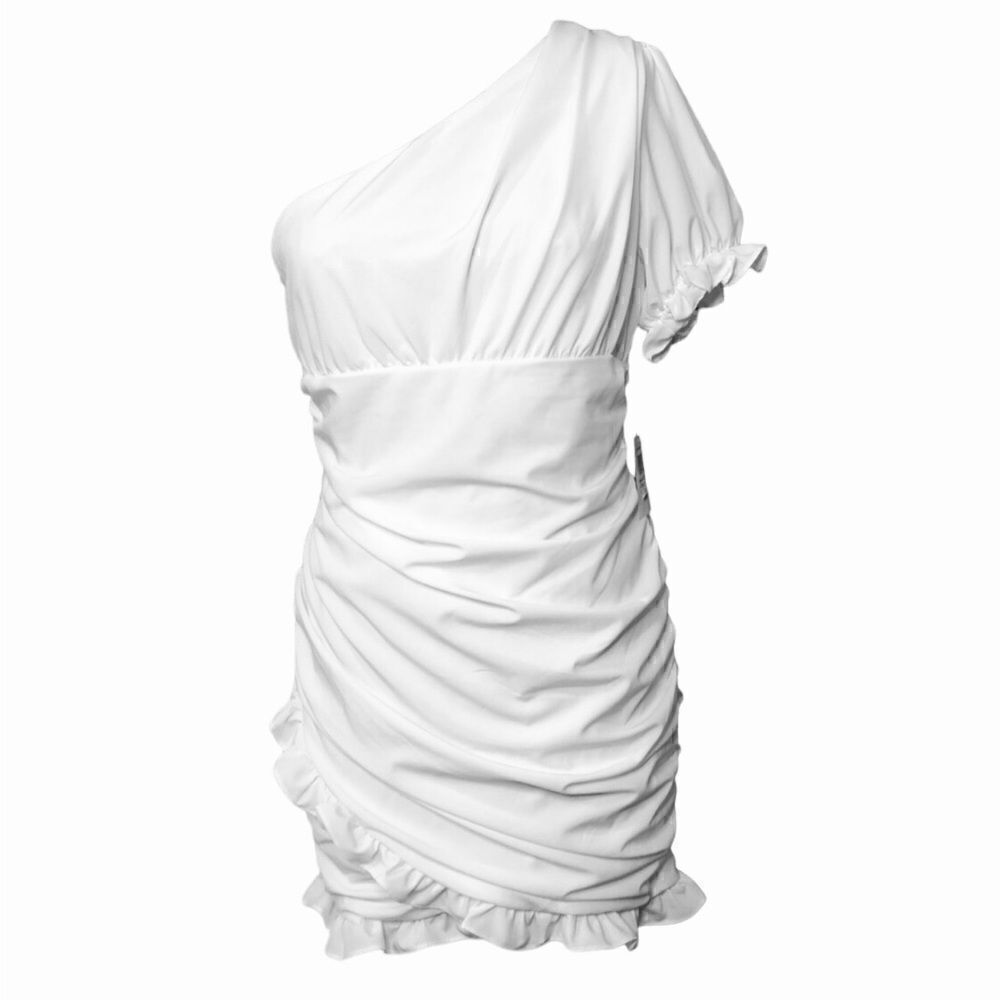 NWT B. Darlin Draped One Sleeve White Short Dress Zipper Ruffles Lined Size13/14